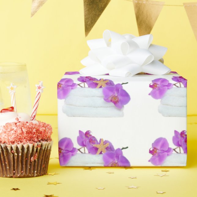 Rosa Orchideen und Seesterne auf weißen Handtücher Geschenkpapier (Geburtstagsparty)