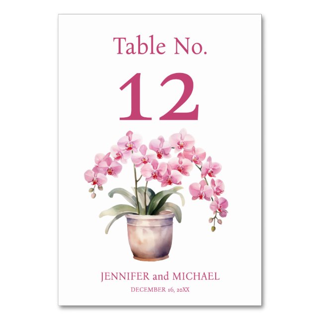 Rosa Orchideen Wasserfarbe Hochzeitsstimmung Tisch Tischnummer (Vorderseite)