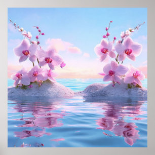 🌸 Rosa Orchideen-Wasserreflexion Tranquile Räume Poster