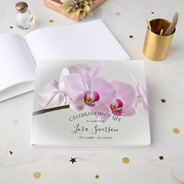Rosa Orchideen zur Stammzelebrierung des Gedenkens Gästebuch (Vorderseite Offen)