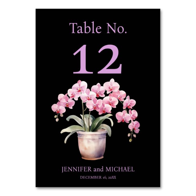Rosa Orchids Watercolor Black Wedding Tischnummer (Vorderseite)