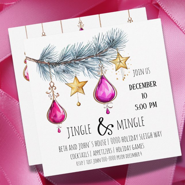 Rosa Ornamente und Goldstars mit Tremor-Party Einladung (Pink and gold jingle and mingle party invitation you can customize. )