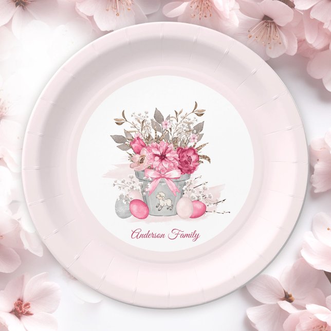 Rosa Osterbrunch Eizelle Jagd Familienname Pappteller (Pink Floral Easter Brunch Egg Hunt Family Name Paper Plates)