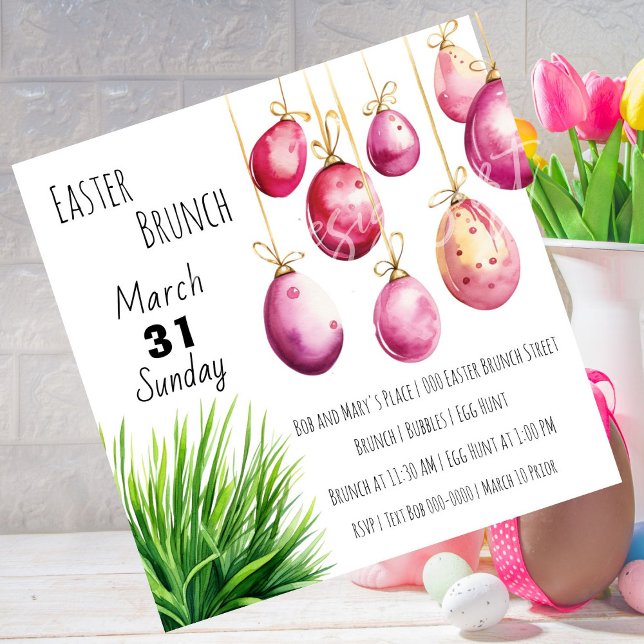 Rosa Ostereier und ein Tuft grünen Grases Einladung (Easter Brunch customizable invitations with pink easter eggs | gold and green. )