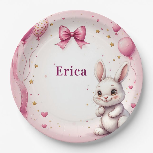 Rosa Osterhase-Geburtstagsballon 🐰 Pappteller (Vorderseite)