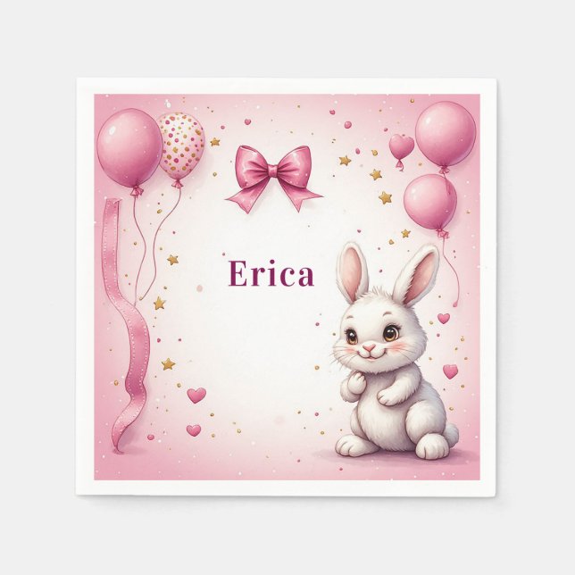 Rosa Osterhase-Geburtstagsballon 🐰 Serviette (Vorderseite)