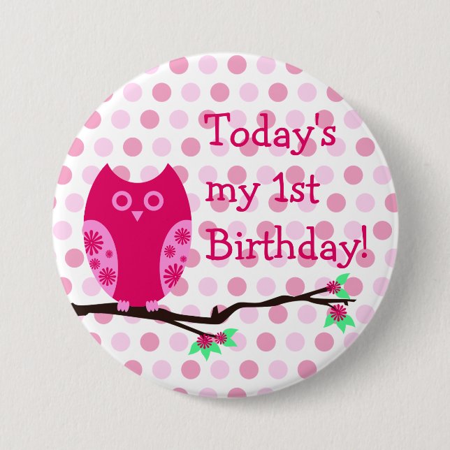 Rosa Owl 1. Geburtstag Button (Vorderseite)