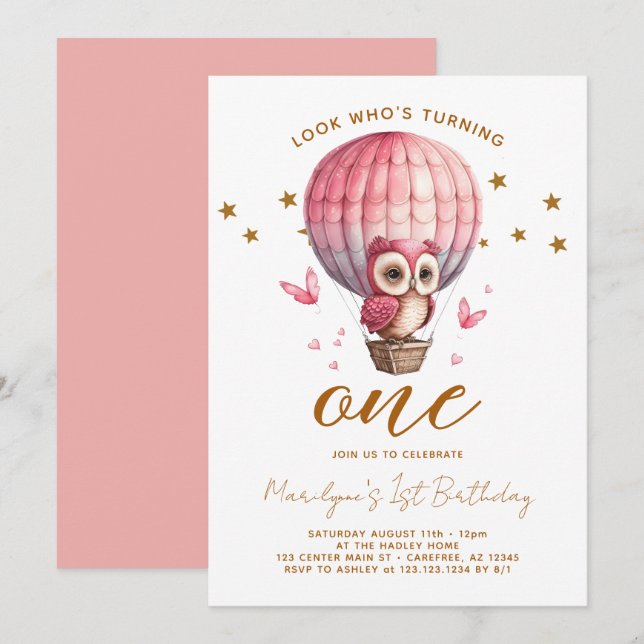 Rosa Owl 1. Geburtstag Einladung (Vorne/Hinten)