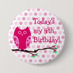 Rosa Owl 4. Geburtstagskarte Button