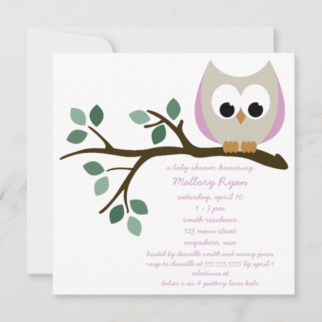 Rosa Owl Baby Dusche Einladung (Vorderseite)