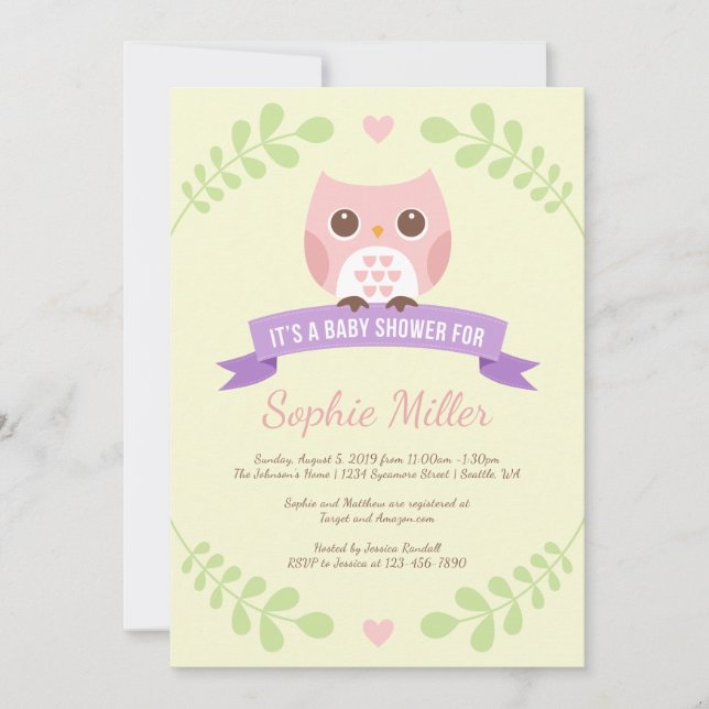 Rosa Owl Baby Dusche Einladung (Vorderseite)