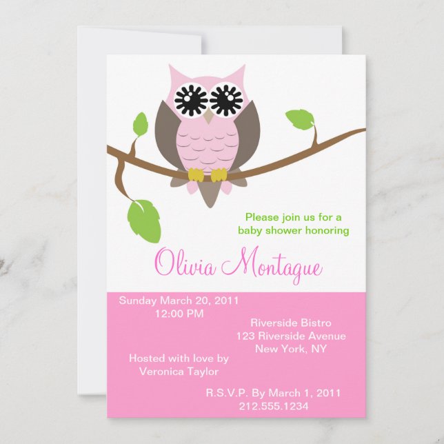 Rosa Owl Babydusche Einladung (Vorderseite)