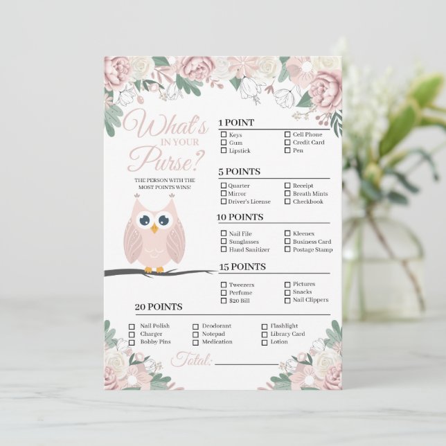 Rosa Owl Blume Was ist in deiner Purse Game Card? Einladung (Stehend Vorderseite)