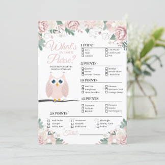 Rosa Owl Blume Was ist in deiner Purse Game Card? Einladung