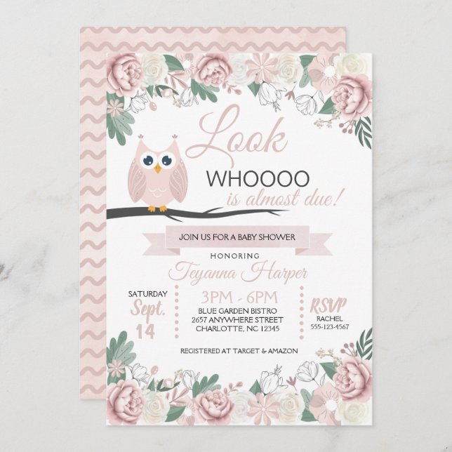 Rosa Owl Blumendusche Einladung (Vorne/Hinten)