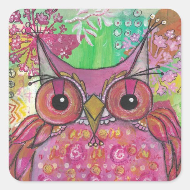 Rosa Owl Square Sticker (Vorderseite)