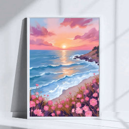 Rosa Ozean Sonnenuntergang Aquarell Blumen Malerei Poster