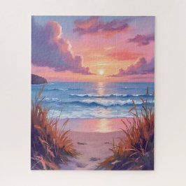 Rosa Ozean Sonnenuntergang Strand Aquarellmalerei Puzzle