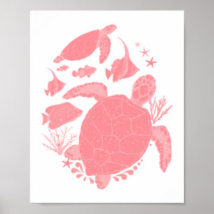 Rosa Ozeanszene mit Fischen und Schildkröten Poster
