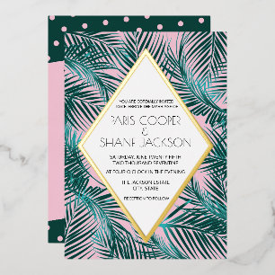 Rosa Palm Deco Hochzeit Goldfolie Einladung