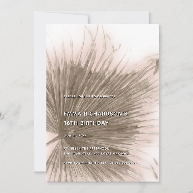 Rosa Palm Tropical Leaf 16. Geburtstag Einladung (Vorderseite)