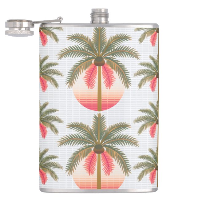 Rosa Palmenmuster mit Sonnenverlauf Flachmann (Geöffnet)