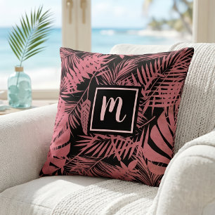 Rosa Palmwedelmuster Monogramm moderne Schrift Kissen
