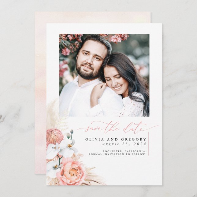 Rosa Pampas Gras Save the Date Foto (Vorne/Hinten)