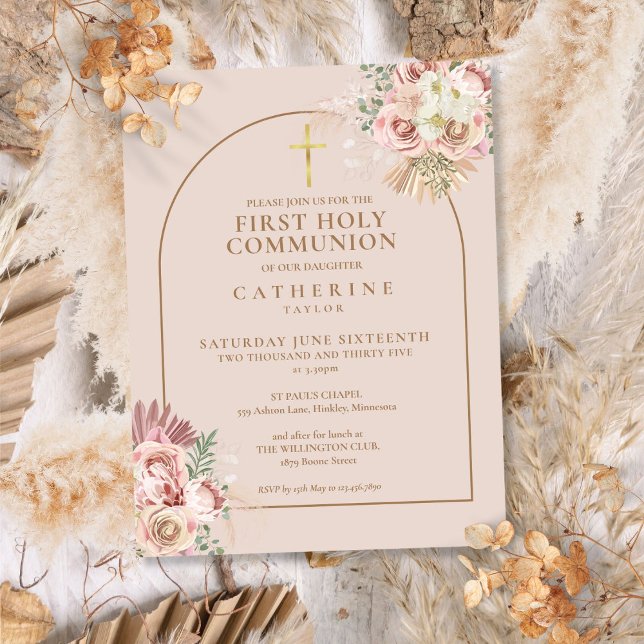 Rosa Pampas Grass Gold Arch Erste Kommune Einladungspostkarte (Pink Pampas Grass Gold Arch First Holy Communion Invitation Postcard)