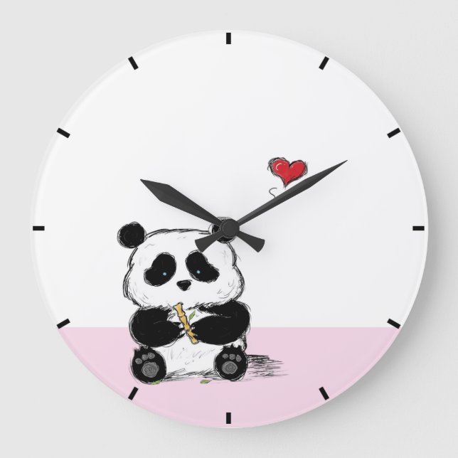 Rosa Panda-und Bambus-Stiel Große Wanduhr (Vorderseite)