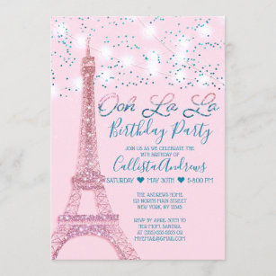 Rosa Paris Eiffelturm Glitzer Geburtstag Einladung
