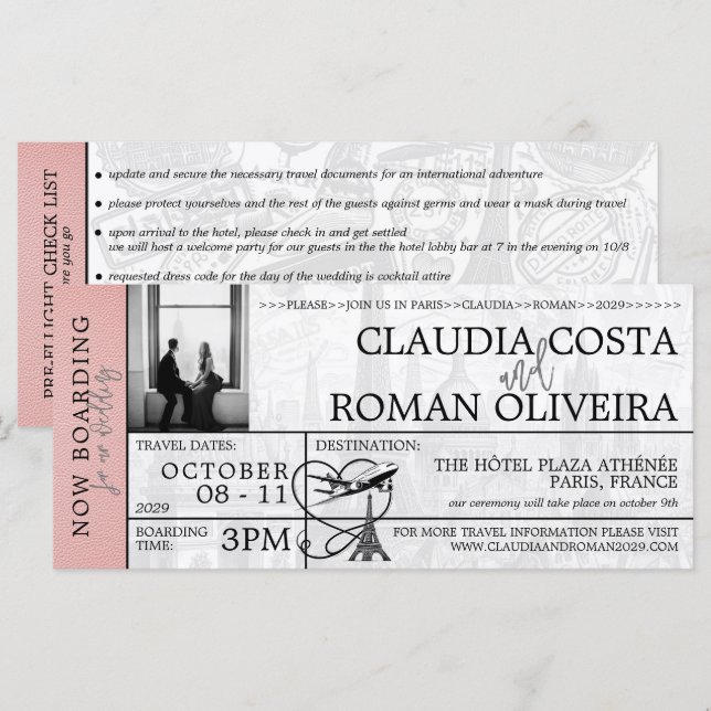 Rosa Paris Hochzeit Boarding Pass Einladung (Vorne/Hinten)