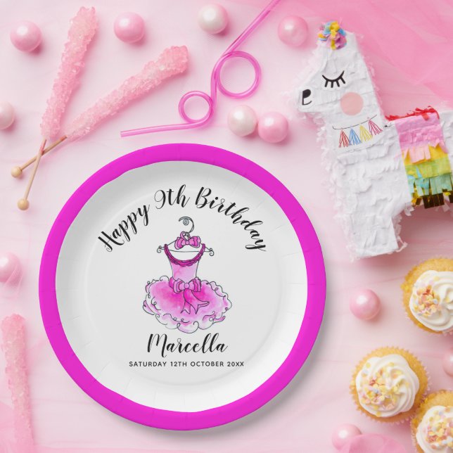 Rosa Party Mädchen 9. Geburtstagsfeier Pappteller (Party)