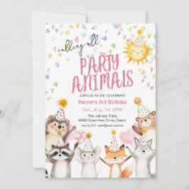 Rosa Party Tiere in Party Hats Geburtstag Einladung