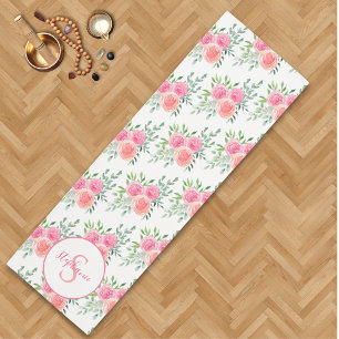 Rosa Pastell Florales Wasserfarben Namensmonogramm Yogamatte