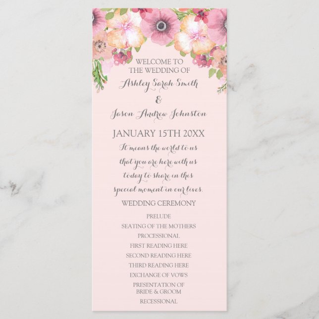 Rosa Pastell-Rouge-Blumen-Hochzeitsprogramm Programm (Vorderseite)
