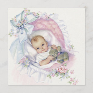 Rosa Pastell Vintage Babymädchen-Party Einladung
