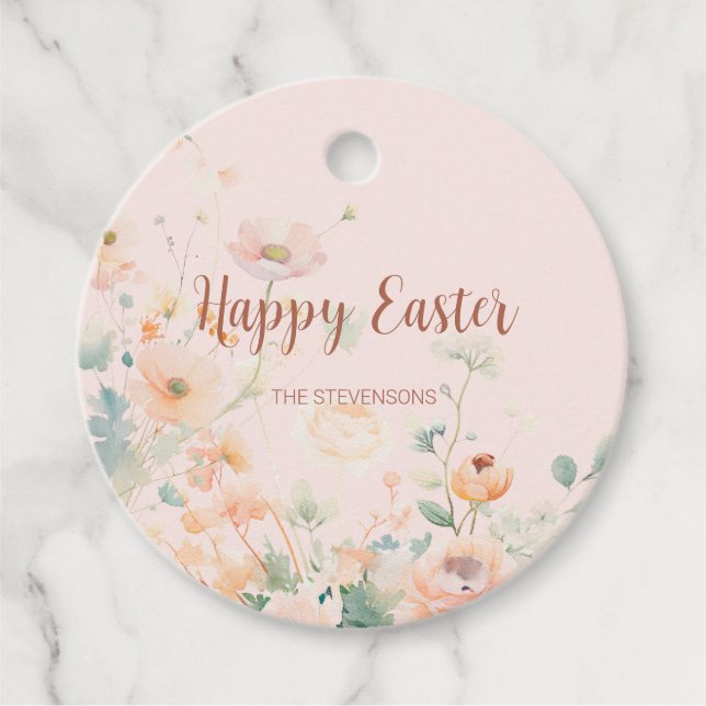 Rosa Pastellblumen Frühlingsblumen Happy Oaster Geschenkanhänger (Vorderseite)