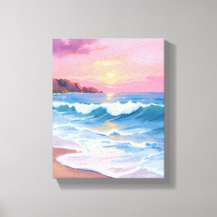 Rosa Pastellhimmel   Ozean-Aquarell-Wellen am Stra Leinwanddruck