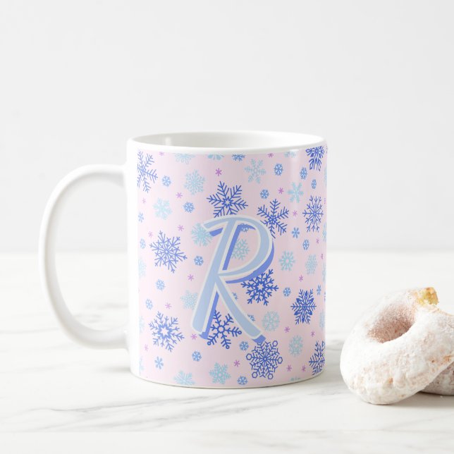 Rosa Pastellrosa Schneeflocken Elegantes Chic Mono Kaffeetasse (Mit Donut)