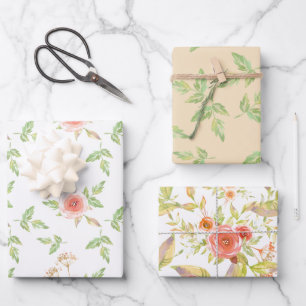 Rosa Pastellrosen und grüne Blätter, gemischt Geschenkpapier Set