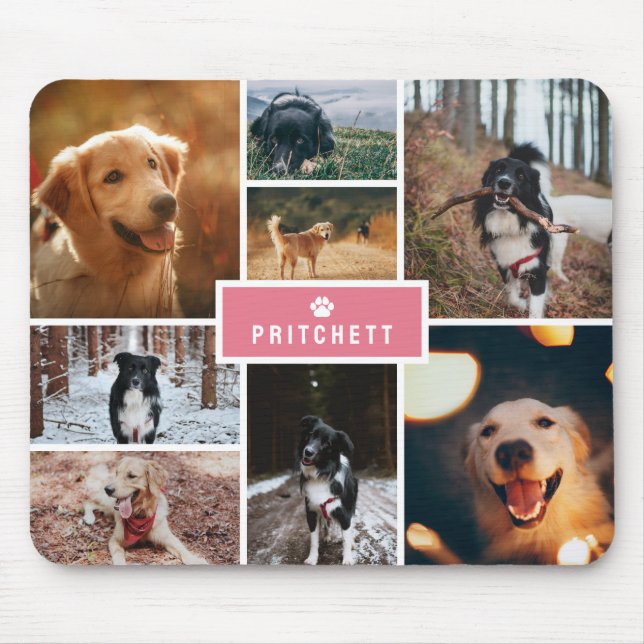 Rosa Paw Dog FotoCollage & Monogramm Mousepad (Vorne)