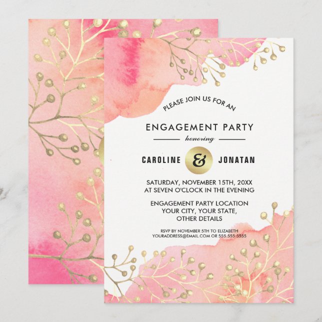 Rosa | Peach Botanical Engagement Party Einladung (Vorne/Hinten)