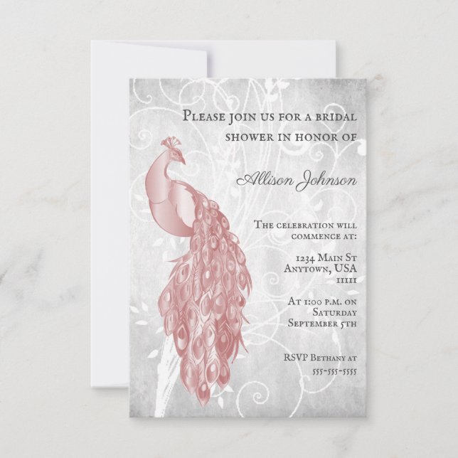 Rosa Peacock Bridal Dusche Einladung (Vorderseite)