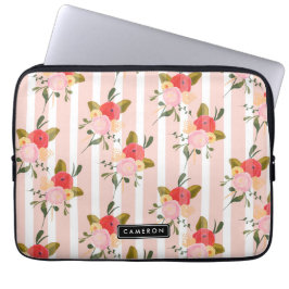 Rosa Peonings und Streifen Personalisiert Laptopschutzhülle
