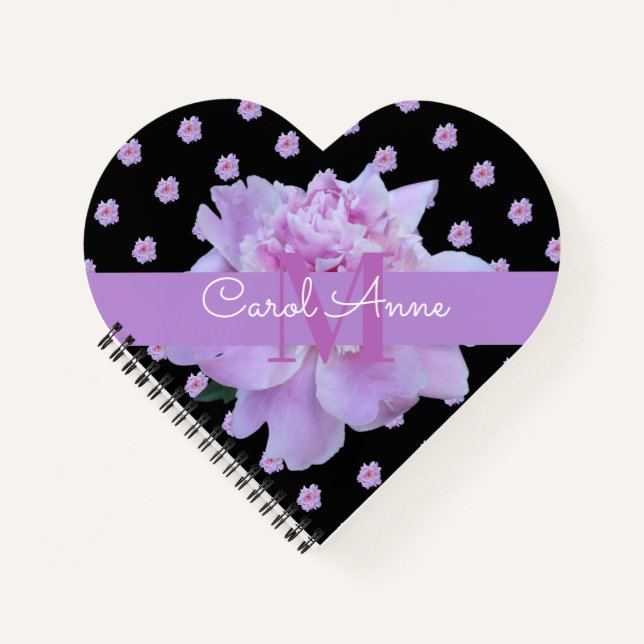 Rosa Peony Blume Lila Monogram Black Notebook Notizbuch (Vorderseite)
