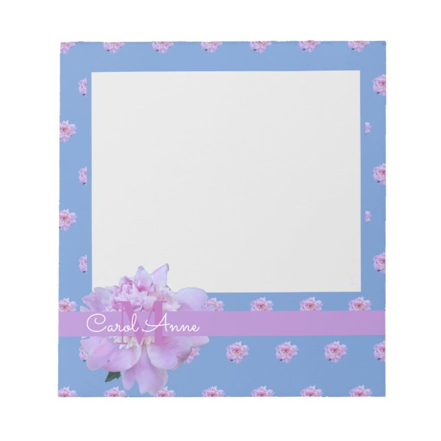 Rosa Peony Blume Lila Monogram Blue Post-it Not Notizblock (Vorderseite)