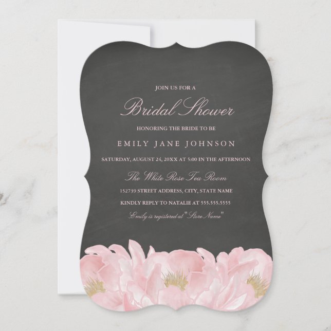 Rosa Peony Chalkboard Bridal Dusche Einladung (Vorderseite)