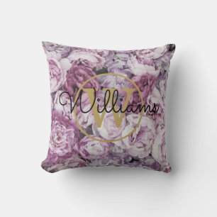 Rosa Peony Floral Gold Monogram Name Kissen