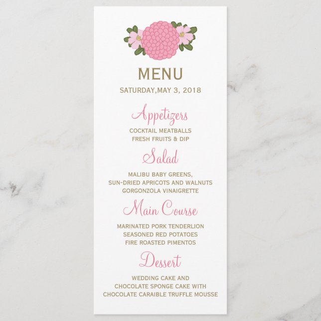 Rosa Peony Floral Wedding Menu Menükarte (Vorderseite)